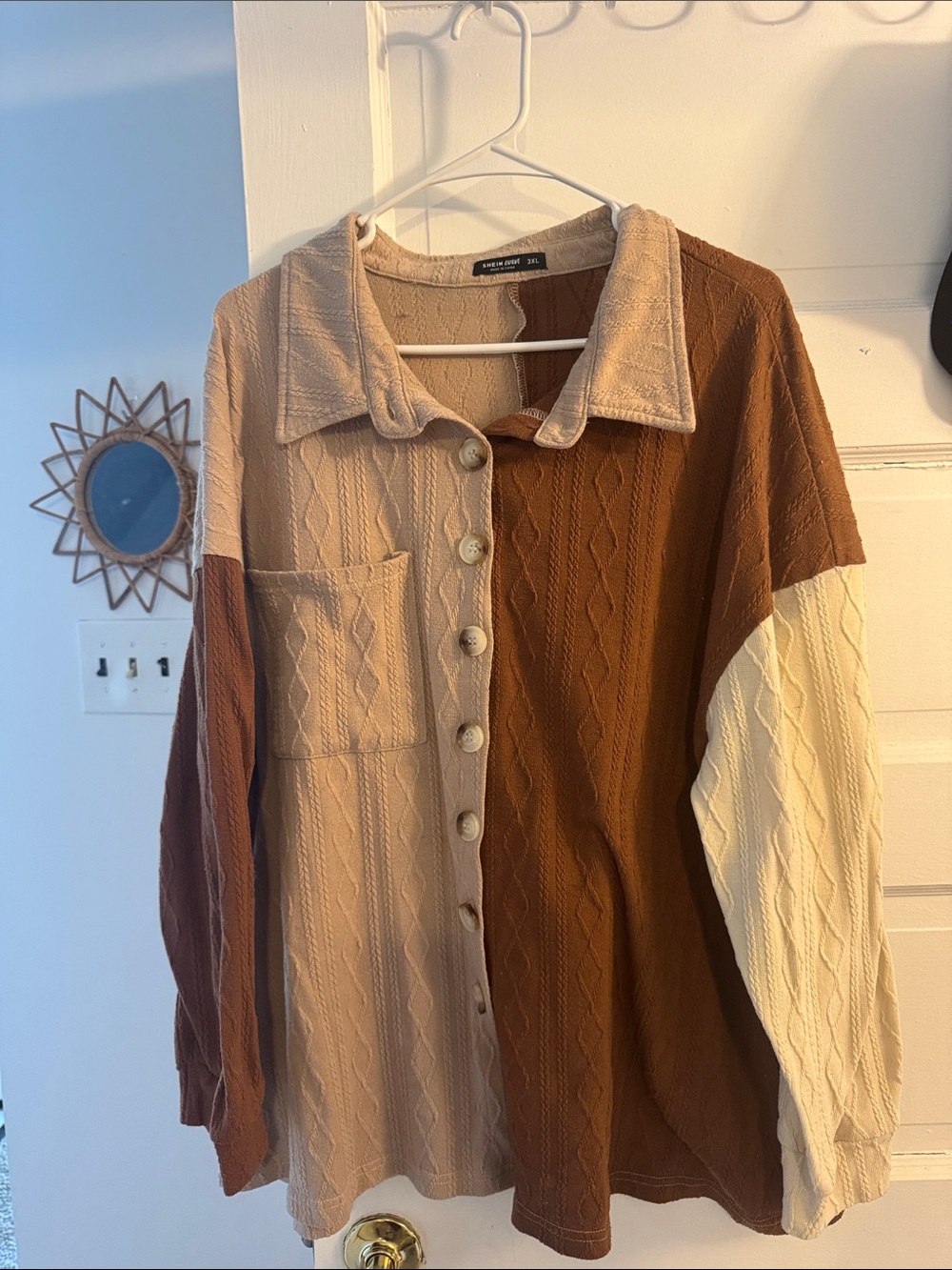 SHEIN Colorblock Cable Knit Button Down Shirt Jacket - Brown, Tan, Cream